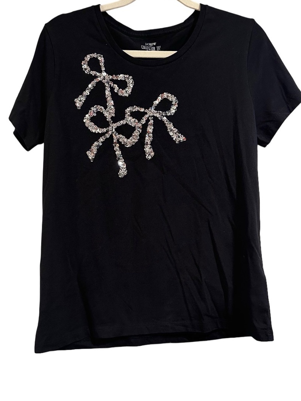 JCrew Collector Cotton Tee Black Sequin Bows Graphic T-Shirt Slim Fit Size Large - Picture 3 of 11